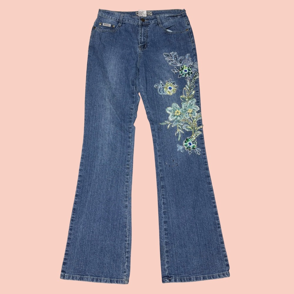 Daniel Original Design Jeans USA Blue Floral Embroidered Flare Denim Pants 9-10